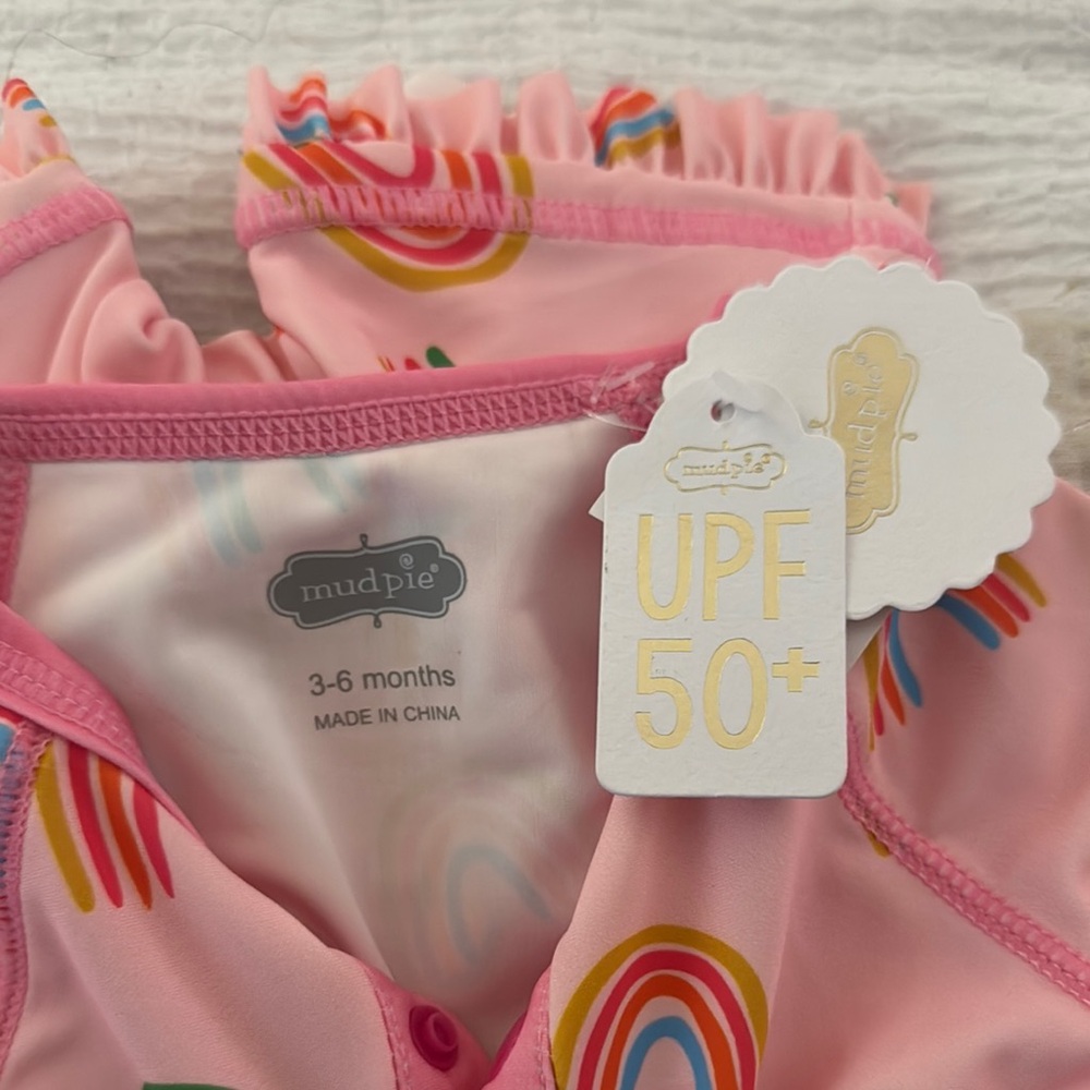 Mud Pie Pink Rashguard with Ruffled Rainbow Design - Picture 2 of 4